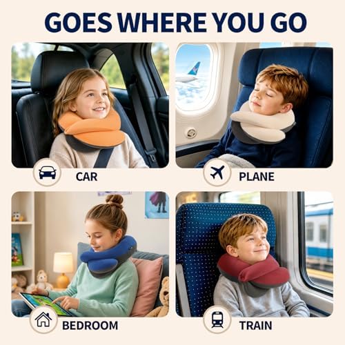 BUYUE Kids Travel Pillows for Airplane, Memory Foam 360° Head Support Sleeping Essentials for Girls Long Flight, Skin-Friendly Soft Neck Pillow for Traveling in Car Seat, (Small, Pink Grey, 40-90 lbs)