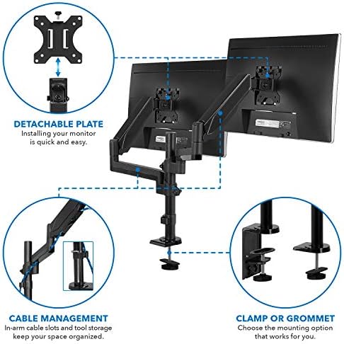 Mount-It! Dual Monitor Arm Desk Mount for 17–32" Screens, Gas Spring Adjustable Monitor Stand, Vertical Stack or Side-by-Side Setup, 17.6 lbs Each Arm, VESA 75x75 100x100, Clamp & Grommet Base MI-4762