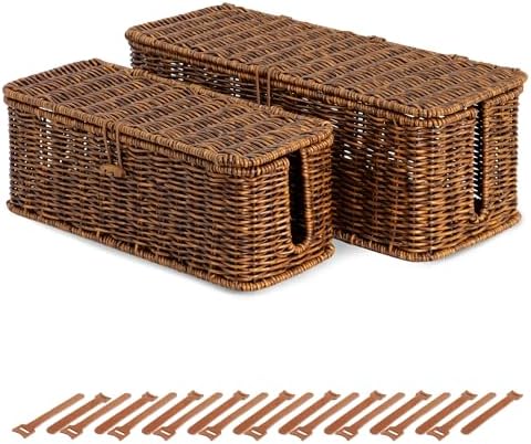 Cable Management Box, Cord Organizer with Lid & Cable Ties - Brown Set