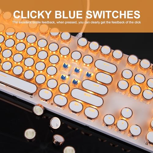 Camiysn Typewriter Style Mechanical Keyboard, Retro Punk Gaming Keyboard with Gold LED Backlit, Cute Wired Keyboards,104 Keys Full Size Keyboards, Uique Round Keycaps for Windows/Mac/PC(White&Gold)