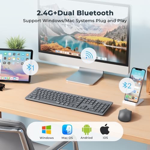 Wireless Keyboard and Mouse, 2.4GHz/Bluetooth Quiet Full Size Set, Gray