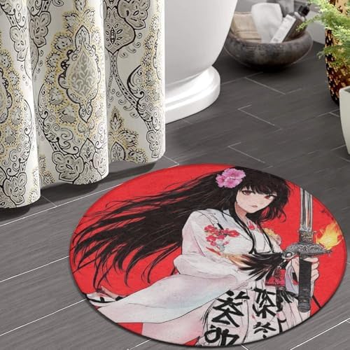 Home Decor Non Slip Kitchen Office Circle Rug, Machine Washable Modern Round Area Rug, Room Sofa Yoga Soft Round Carpet Japanese Samurai Anime Girl Art, 24inch