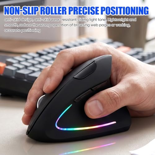 Wireless Bluetooth Ergonomic Vertical Mouse, Rechargeable Silent Slim Laptop Mouse,Portable(BT5.2+USB Receiver) LED Dual Mode Computer Mice,for Laptop,Desktop Computer,ipad Tablet,Phone,TV (Black)