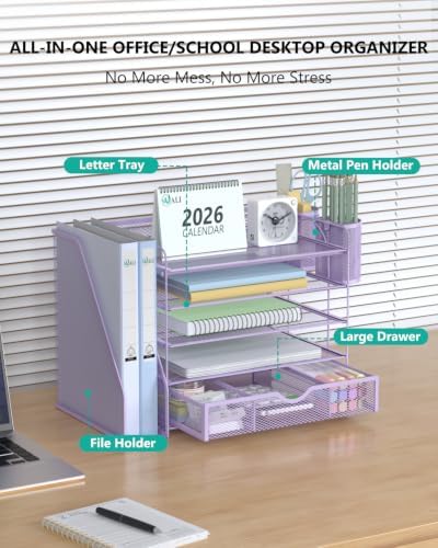 WALI Desk File Organizer, 5 Tier Desktop Paper Letter Tray Organizer with Drawer and 2 Pen Holders, Office Desk Accessories & Workspace Organizers for Office, Home Supplies(DO006DH-V), 1 Pack, Purple