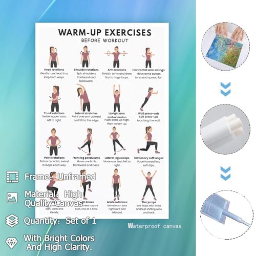 Pre-Workout Warm-Up Exercise Poster, 16 Illustrated Full-Body Prep Movement Chart, Bodyweight Joint Loosening Reference to Prevent Strains Before Home & Gym Fitness Training Sessions(20x30inchs，Unframed)