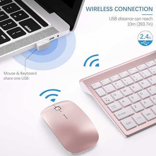 Wireless Keyboard and Mouse Ultra Slim Combo, TopMate - Rose Gold White