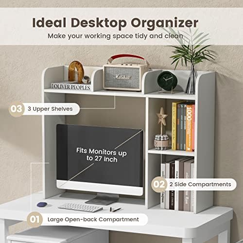 GIANTEX Desktop Bookshelf, Wood Desk Hutch Organizer for 27 Inch Computer Monitor, Countertop Storage Display Rack with 5 Shelves, Multipurpose Desktop Shelf Bookcase for Dorm Office Home, White