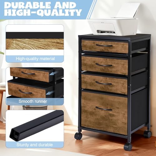 Chunful 4 Drawer Rolling File Cabinet Mobile Printer Stand Metal Cart with Fabric Vertical Filing Chest Wheels A4 Letter Size Under Desk Utility Craft Storage Organizer for Home Office School(Brown)