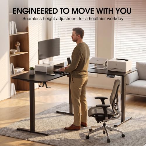 Furmax 63 x 48 Inch L Shaped Standing Desk with 2 Preset Heights, Electric Height Adjustable Computer Table, 2 Hooks & Feet Balance, Corner Sit Stand Desk for Home Office (Black, 63 x 48 Inch)