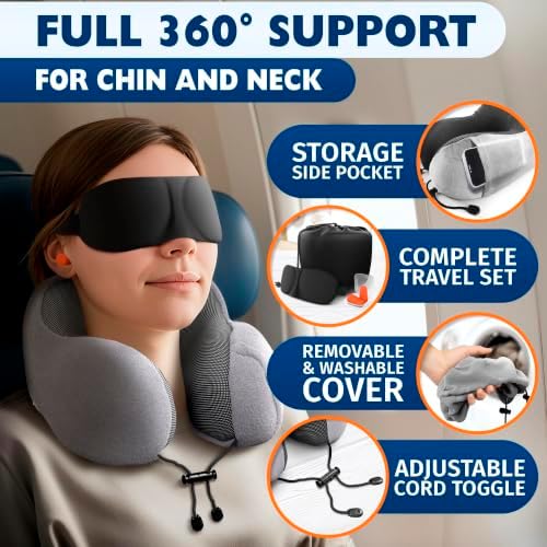 Travel Neck Pillow for Airplane, 100% Memory Foam 11.4" x 5.5"