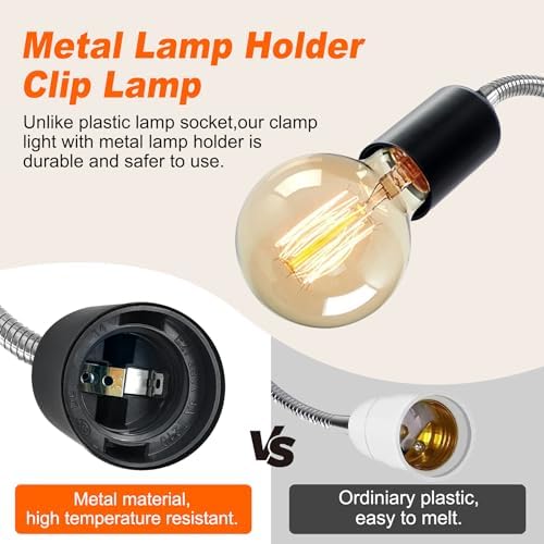 Clip-on E26/E27 Clamp Light Socket with 220 CM Cable, 360 Rotatable Flexible Desk Lamp, 9MM & 350MM Thickened Lengthened Gooseneck, Metal Base, for Bedside