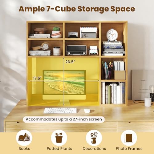 Giantex Desktop Bookshelf, Desk Hutch Dorm w/ 7 Cubes & 3 Adjustable Shelves, Desk Shelf for Up to 27" Computer Monitors, Wooden Desktop Storage Organizer for Dorm College Office Home (Burlywood)