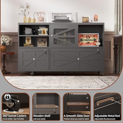 2 Drawer Farmhouse File Cabinet with Lock, Mobile Lateral Filing Cabinet for Letter/Legal/A4 Size, Open Storage Adjustable Shelf for Home Office Cabinets, Black