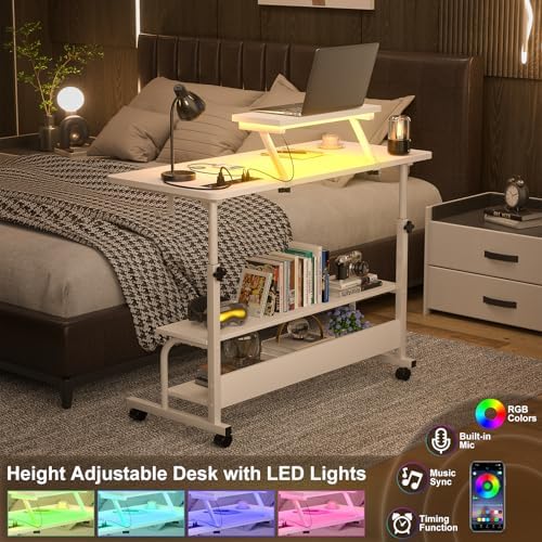 Height Adjustable Standing Desk with Power Outlets and LED Lights - 39" Manual Stand Up Desk with Monitor Stand and Storage Shelves Small Mobile Rolling Computer Desk Portable Laptop Table, White