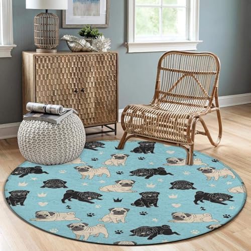 Machine Washable Modern Round Area Rug, Room Sofa Yoga Soft Round Carpet, Home Decor Non Slip Kitchen Office Circle Rug Pug Life