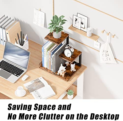 Gannyfer Office Decor Desk Shelf Organizer - Wood Desktop Shelf, Freestanding Desk Hutch, 3 Tier Storage Display Rack, Small Bookshelf with Metal Frame for Books/Plants/Toys (Rustic Brown Black)