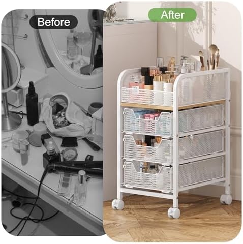 Hongtamoya Rolling Makeup Cart Organizer with 3 Drawers, Narrow Floor Skincare Organizers, Cosmetics Display Cases Vanity Organizer for Skin Care Nail Polish Perfume Makeup Brush, White