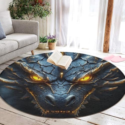 Women's Large Home Decor Mat, Soft Round Yoga Carpet, Non Slip Machine Washable Home Office Circle Rug Cool Black Gold Dragon