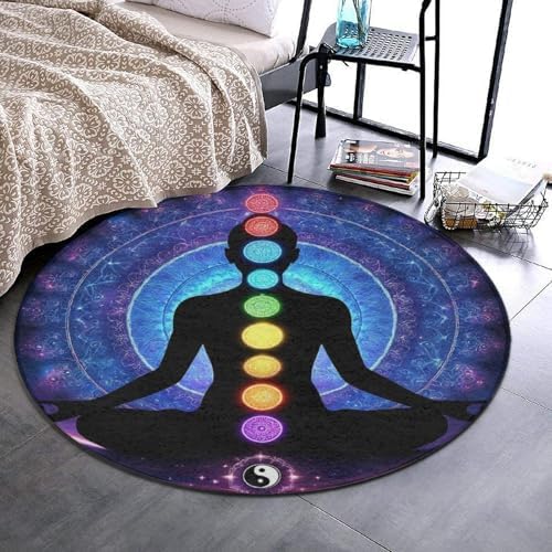 Large Home Decor Mat, Soft Round Yoga Carpet, Non-Slip Machine Washable Home Office Circle Rug Compatible with Nine Chakra Yoga Meditation Lotus Blue Mandala