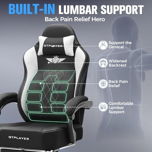 GTPLAYER Big and Tall Gaming Chair Breathable Fabric Computer Chair with Strong Lumbar Support, Comfortable Office Chairs with Pocket Spring Cushion, High Back Ergonomic Desk Chairs with Footrest