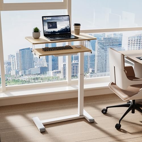 ETHU Height Adjustable Mobile Overbed Table with Keyboard Tray, Oak