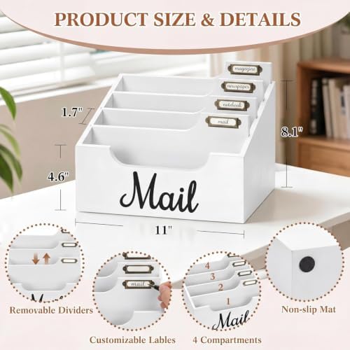 Rustic Wood Mail Organizer Countertop with 4 Slots, Black Mail Holder for Desk, Removable Dividers Mail Sorter, Letter Bill File Organizer for Home Office Classroom, Desktop Organizer with Free Labels