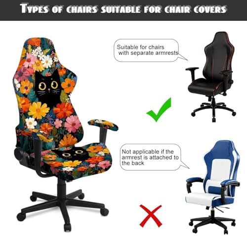 Cat Floral Print Gaming Chair Cover with Armrest Covers Non Slip Universal Furniture Protector Stretchable Anti Scratch Gamer Chair Slipcover