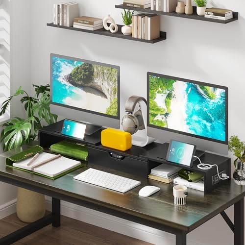 Dual Monitor Stand with USB Ports Wood Monitor Stand Riser with Drawer