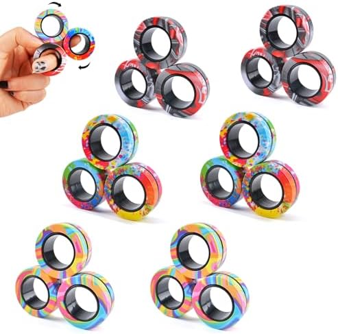 Cevioce 18Pcs Magnetic Rings Fidget Toy Set, ADHD Anxiety Magnetic Fidget Toys Adults Fidget Spinner Rings for Relief, Easter Gifts for Kids Year Old Easter Basket Stuffers for Teens Boys Girls A