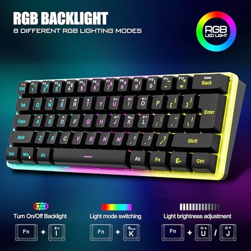 RedThunder 60% Wireless Gaming Keyboard and Mouse Combo, 2500mAh Rechargeable Battery, Ultra-Compact Small RGB Mechanical Feel Keyboard, Lightweight Honeycomb Optical Mouse for Gaming/Business, Black