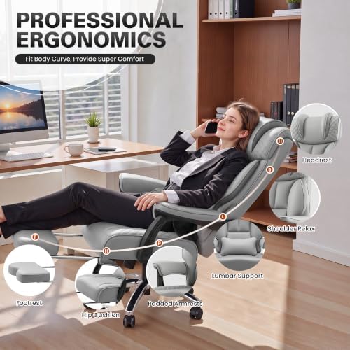 BestGlory Office Desk Chair, Big and Tall Leather Gaming Chair with Footrest, Ergonomic Comfy Executive High-Back Reclining Computer Chairs, Wide Swivel Rolling Wheels and Padded Lumbar Support, Gray