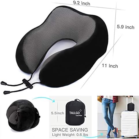 TALLGO Travel Pillow, Best Memory Foam Neck Pillow Head Support Soft Pillow for Sleeping Rest, Airplane Car & Home Use (Black)