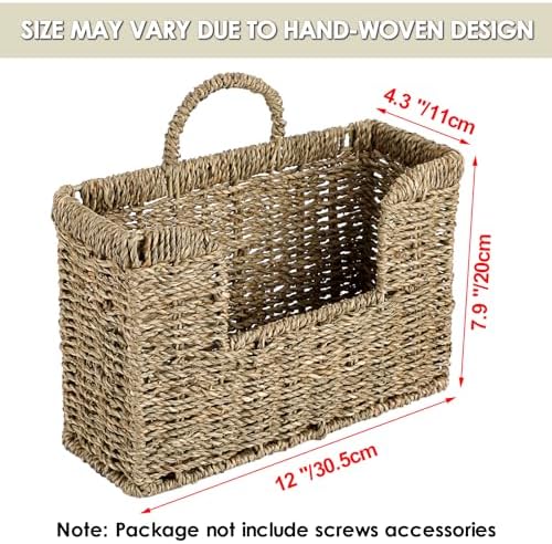 BTSKY Woven Hanging Magazine Holder, Seagrass Magazine Basket, Wall Mounted Storage Basket for Books & Files, Wall File Organizer Magazine Rack with Handle for Home & Office - 12x4.3x7.9 Inch