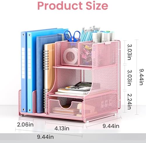 Lavatino Desk Organizer – 4-in-1 Pink Mesh Office Supplies Organizer with Pen Holder, File Holder, Desktop Tray, and Drawer for Home, Office, Classroom
