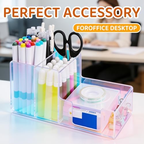 Iridescent Acrylic Desk Organizer with 3 Compartments - Clear Pencil Holder for Office, School & Home - Large Capacity Stationery Storage for Pens, Scissors, Sticky Notes, Paper Clips - Non-Slip Base