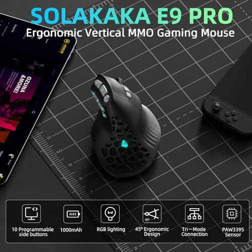 SOLAKAKA E9 PRO Vertical MMO Gaming Mouse with 8K Dongle- 36000 DPI PAW3395 Sensor,8,000Hz Polling Rate,Tri-Mode Ergonomic Wireless Mouse with 10 Side Buttons,RGB Mouse for PC/Mac - Black