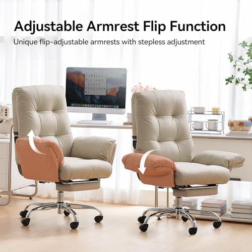 EMIAH Heated and Massage Office Chair with Foot Rest, PU Leather, Beige