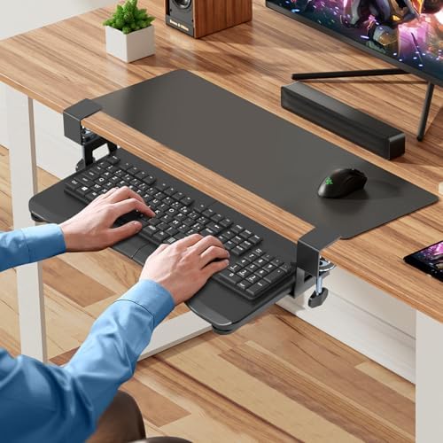 suptek Small Keyboard Tray Under Desk Pull Out with C Clamp Mount, Computer Keyboard & Mouse Tray, 20 (24.2 Including Clamps) x 11.8 inch Slide-Out Platform Computer Drawer for Typing, Black, DSF1S