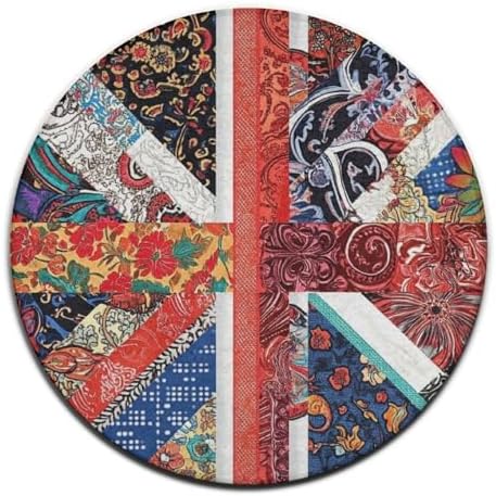 Machine Washable Modern Round Area Rug, Room Sofa Yoga Soft Round Carpet, Home Decor Non Slip Kitchen Office Circle Rug Union Jack Flag UK Mandala Art, 60inch
