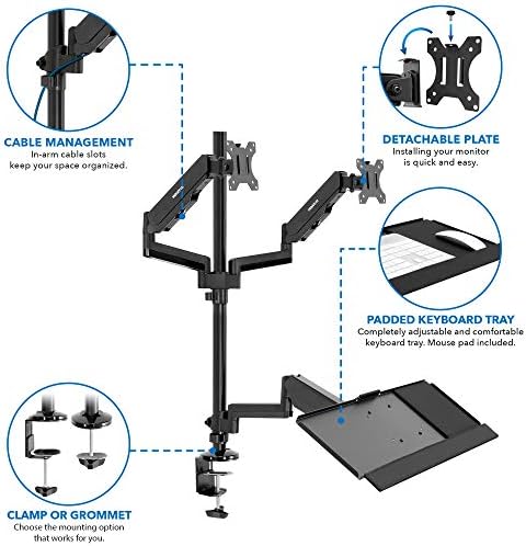 Mount-It! Dual Monitor Arm Desk Mount Sit-Stand Workstation with Keyboard Tray, Height Adjustable Gas Spring, Fits Two 17–32” Screens, 17.6 lbs Each, VESA 75x75 100x100, Clamp or Grommet (Black)