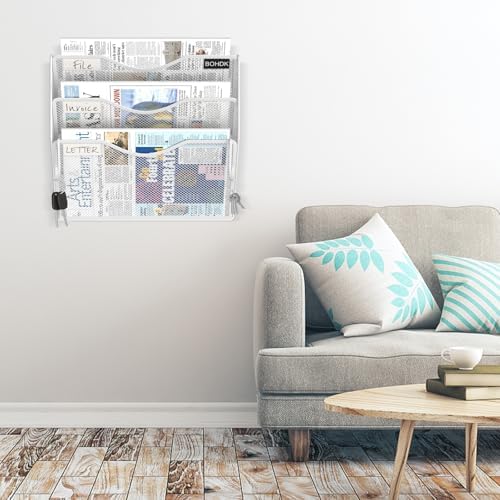 BOHDK Wall File Organizer, 3 Tire Hanging File Folder Mail Organizer, Vertical Mesh Metal Door/Wall Mount Hanging File Organizer, Paper Document Magazine Rack with Hooks for Home Office White