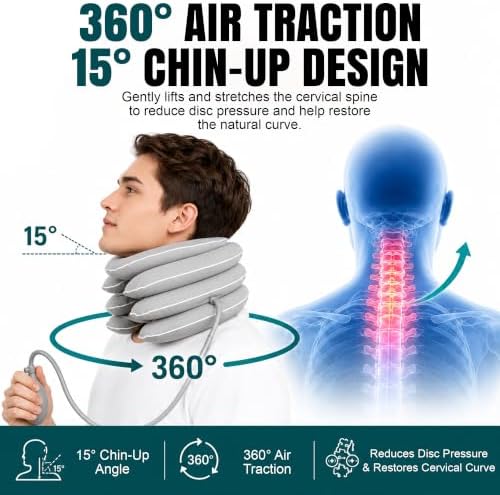 Inflatable Neck Stretcher Cervical Traction Device with 3 Layer Adjustable Pillow - Ergonomic Cervical Neck Pillow for Pain and Stress Relief, Posture Support, Relaxation, Decompression Home Use