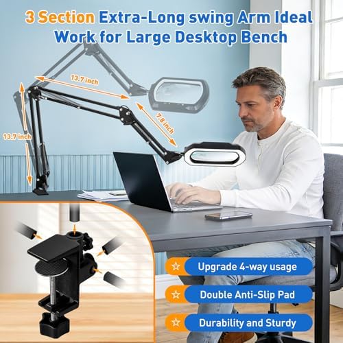 15X 30X Square 3-Section Magnifying Glass with Light and Clamp-White