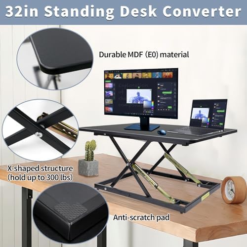 32in Desk Riser for Standing or Sitting, Large Standing Desk Converter, Height Adjustable Sit Stand Desk Converter, Fully Assembled Monitor Laptop Riser Workstation for Home Office, Black