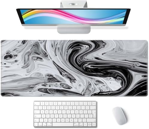 Desk Mat Marble Large Mouse Pad XL Cute Black Grey Desk Pad Keyboard Mat, Desk Accessories for Women Office Decor, Extended Mousepad 31.5''X11.8'' Non-Slip Rubber Base with Stitched Edges