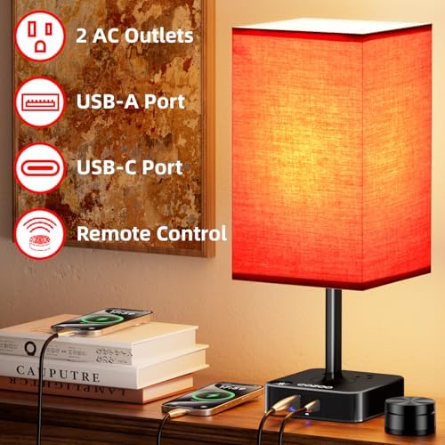 Bedroom Nightstand Lamp with Charger, Touch Table Lamps with Remote Control