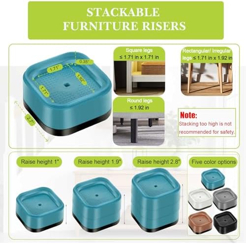 4 Pack Furniture Risers 1 Inch, Adjustable Bed Risers Heavy Duty for Table Desk Couch Chair Sofa Cabinet Bed Legs Dorm, Square Stackable Bed Raisers Blocks Lift Height 1", 2" or 3", Blue