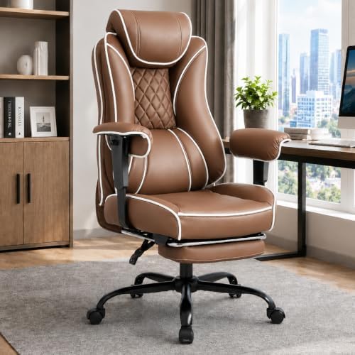 DJ·Wang Big and Tall Office Chair 400lbs, Executive Office Chair with Foot Rest Brown PU Leather