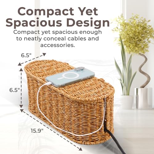 Cable Management Box, Handmade Rattan Cord Organizer for Power Strip