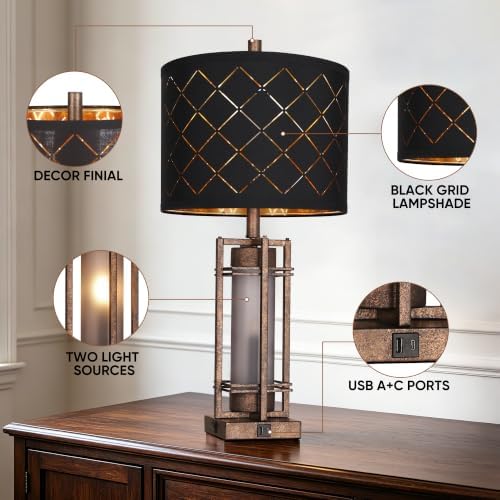 WIHTU Vintage Finish Table Lamp Set of 2 with USB Ports, Metal Desk Lamps